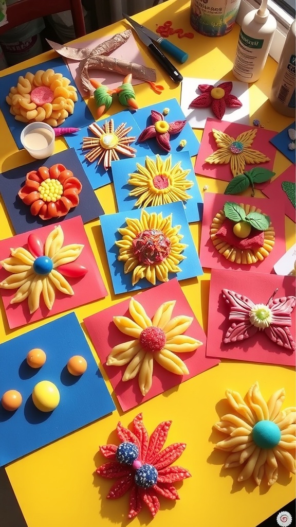 Creative Pasta Art Projects for All Ages Colorful pasta art projects made from different shapes of pasta, adorned with paint and embellishments, on a crafting table.